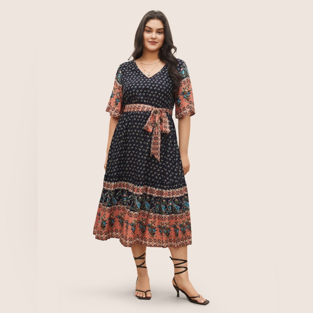 BloomChic Navy and Rust Floral Midi Dress